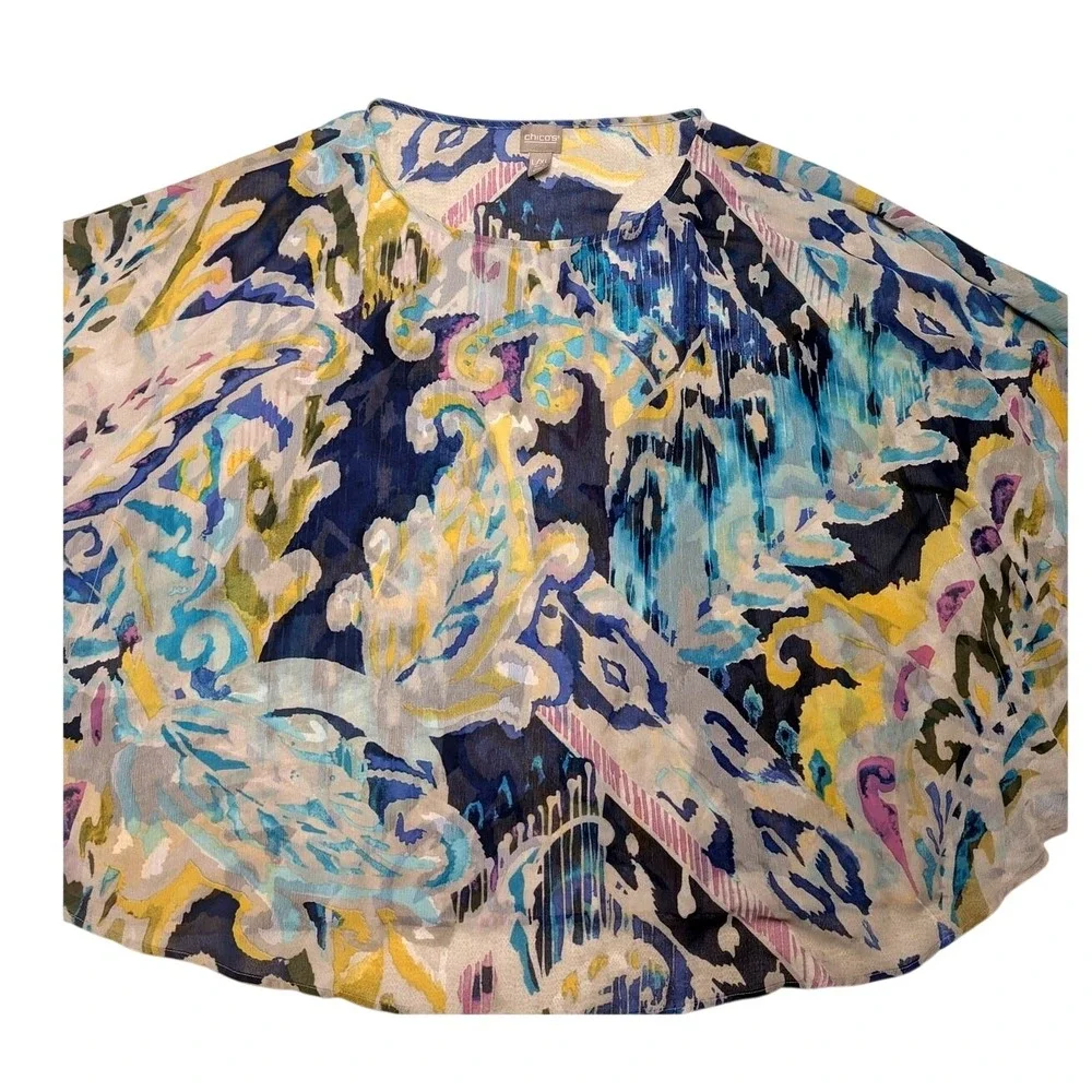 Chico's Women's Batwing Blouse Silk‎ Sheer Top Abstract Print Blue Yellow L/XL - Picture 3 of 6